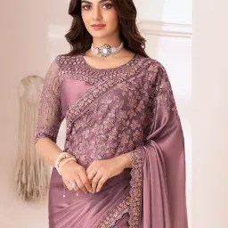 Saree Mall Mauve Satin Embellished Saree with Blouse Piece image 3