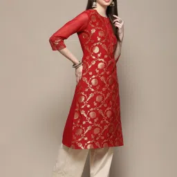 Biba Red Floral Print Straight Kurta image 4