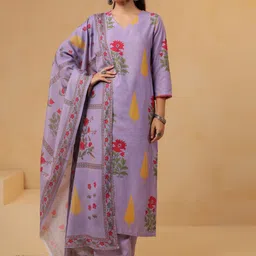 GoSriKi Plus Size Floral Printed V Neck Straight Kurta With Palazzos With Dupatta-image-71