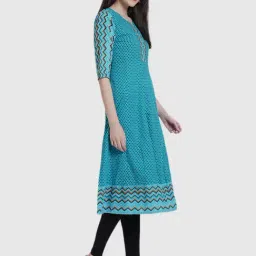 YASH GALLERY Blue Cotton Printed A Line Kurta image 3