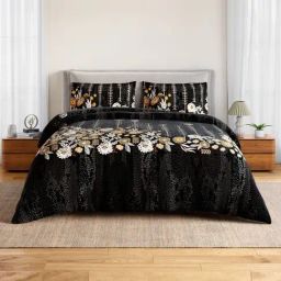 Spaces Cotton Grey Floral 132 TC Double Size Bedsheet with 2 Pillow Covers-picture-0