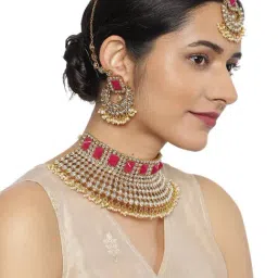 Zaveri Pearls Pink Stones Kundan Embellished Bridal Choker Earring & Maangtikka Set-picture-29