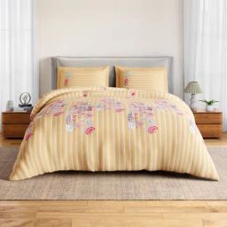 Spaces Cotton Beige Floral 144 TC Double Size Bedsheet with 2 Pillow Covers-picture-0
