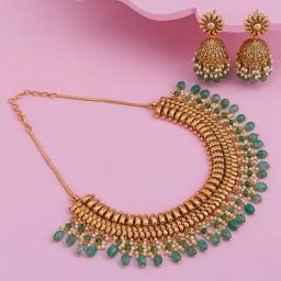 Kushal's Fashion Jewellery Green Gold Polished Antique Necklace Set for Women-picture-47