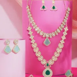 Zaveri Pearls Coloured Stones Green Alloy Necklaces Earrings and Rings Set-picture-24