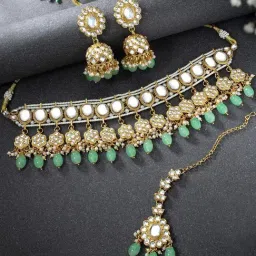 Peora Gold-Plated Mint Kundan Choker Necklace Dangle Jhumki Earring & Maang Tikka Jewellery Set-image-40
