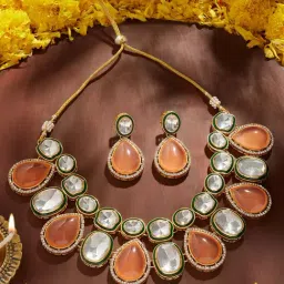Zaveri Pearls Enamel Meenakari Peach and Green Alloy Necklace and Earring Set-image-0