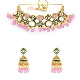 Zaveri Pearls Purple Stones Beads Green Meenakari Dazzling Kundan Necklace & Earring Set-picture-10