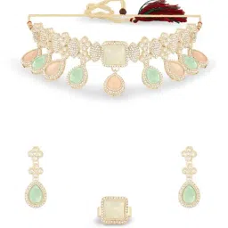 Zaveri Pearls Rani Pink Stones Floral Multistrand Beaded Choker,Earring & Ring Set-picture-23