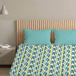 LIVSPACE Teal & Yellow Geometric 144 TC Bedsheet with 2 Pillow Covers-image-87