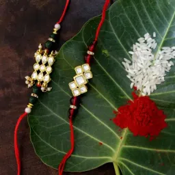 Karatcart Gold-Plated Kundan Rakhi with Roli Chawal & Greeting Card for Brother - Set of 2-picture-10