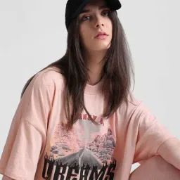 Only Light Pink Cotton Graphic Print T-Shirt-image-37