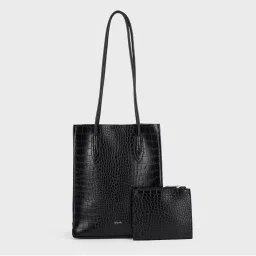 IYKYK by Nykaa Fashion Black Croc Textured Tote Bag with Pouch (Set of 2)-image-9
