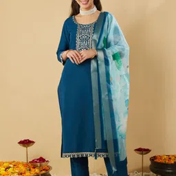 MOKOSH Women Ethnic Motifs Embroidered Regular Sequinned Kurta with Trousers & With Dupatta-image-29