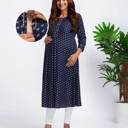 Bella Mama Woven Three Fourth Sleeves Butti Print With Laced Placket Maternity Kurta - Navy Blue image 1