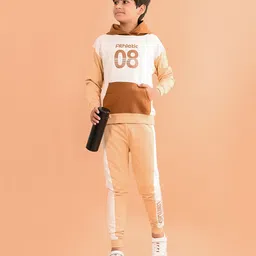 Lilpicks Couture Full Sleeves Placement Athletic Printed Colour Blocked Terry Fleece Hooded Sweatshirt & Joggers Set - Beige-image-43