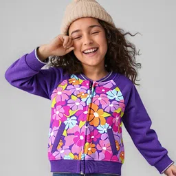Babyhug Cotton Knit Full Raglan Sleeves Sweat Jacket With Floral Print - Purple-image-41