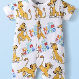 Babyhug Disney Cotton Knit Half Sleeves Front Open Romper with Lion King Graphics - White-picture-25