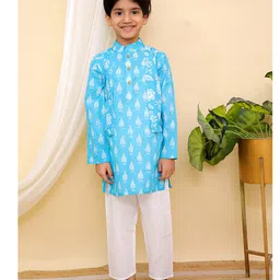 AJ Dezines Cotton Full Sleeves Floral Printed Kurta & Pyjama Set - Blue-picture-19
