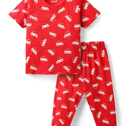 Babyhug Cotton Knit Half Sleeves Co-Ord Night Suit With Vehicles Print - Red-picture-14
