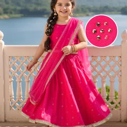 Babyhug Woven Sleeveless Choli Lehenga & Dupatta Set With Foil Print - Fuschia-picture-27