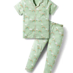 CUCUMBER Sinker Knit Half Sleeves Night Suit With Cloud Print - Sea Green-picture-10
