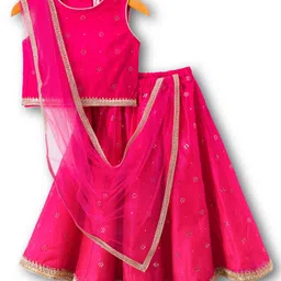 Babyhug Woven Sleeveless Choli Lehenga & Dupatta Set With Foil Print - Fuschia image 2