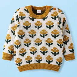 Babyhug Knitted Full Sleeves Pullover Sweater Set With Floral Design - Mustard image 2