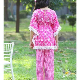 Cutiekins Cotton Woven Half Sleeves Floral Printed Kaftan Kurta & Pant Set - Dark Pink & White image 3