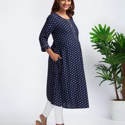 Bella Mama Woven Three Fourth Sleeves Butti Print With Laced Placket Maternity Kurta - Navy Blue image 4