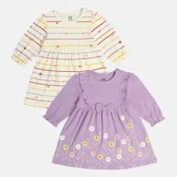 MINIKLUB Girls Off White & Lavender Cotton Printed Full Sleeves Dress-picture-36