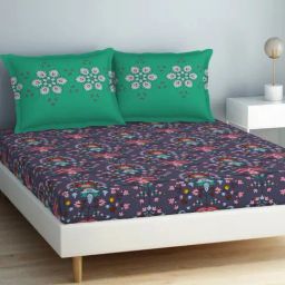 Spaces Aurum Floral Blue 132 TC Cotton Double Bedsheet with 2 Pillow Covers-picture-13