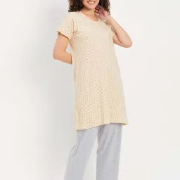 Clovia Beige & Grey Cotton Printed Sleep Tees Pyjamas Set image 4