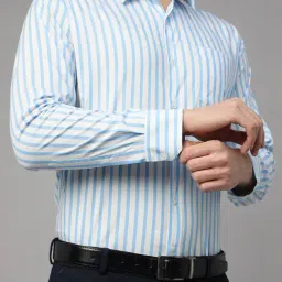 Hancock White & Blue Cotton Slim Fit Striped Shirt image 5