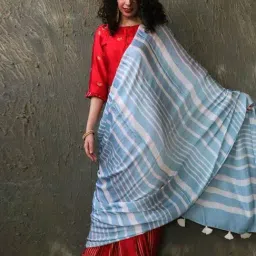 Chidiyaa Red & Blue Block Printed Modal Silk Saree-picture-41