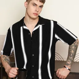 Maniac Men Vertical Striped Cuban Collar Cotton Casual Shirt-picture-31