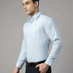 Hancock White & Blue Cotton Slim Fit Striped Shirt image 3