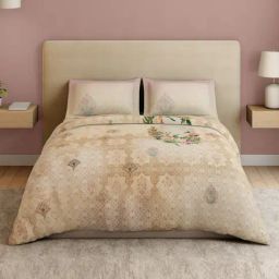 Spaces Cotton Beige Floral 132 TC Double Size Bedsheet with 2 Pillow Covers-picture-49