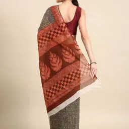 SHANVIKA Mehandi Green & Orange Cotton Printed Saree With Unstitched Blouse image 2