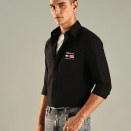 Tommy Hilfiger Black Cotton Regular Fit Logo Printed Shirt image 3
