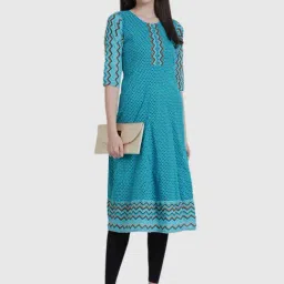 YASH GALLERY Blue Cotton Printed A Line Kurta image 4