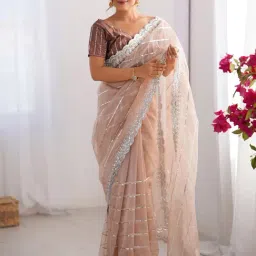 Saree Mall Beige Net Embellished Saree with Blouse Piece-image-74