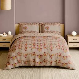 Spaces Cotton Beige Floral 210 TC Double Size Bedsheet with 2 Pillow Covers-picture-9