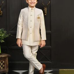Ahhaaaa Kids Cream Embellished Full Sleeves Sherwani, Jacket & Pyjamas-picture-23