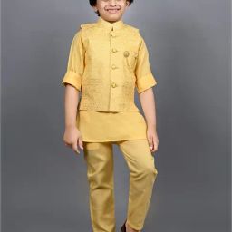 Ahhaaaa Kids Yellow Embellished Full Sleeves Sherwani, Jacket & Pyjamas-picture-1