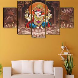 Aura Brown & Blue 5 Pieces Wooden Ganesha Religious Wall Art-image-98