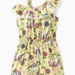 Babyhug Rayon Woven Sleeveless Unicorn Printed & Frill Detailing Jumpsuit- Yellow-image-79
