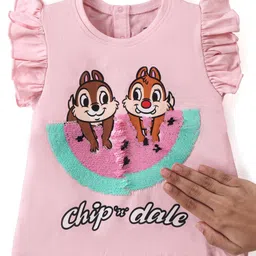 Babyhug Disney Cotton Knit Frill Sleeves Tee With Chip'n Dale Print With Reversible Sequins - Pink image 1