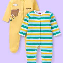 Babyhug Cotton Knit Full Sleeves Striped & Bear Printed Sleep Suits Pack of 2 - Yellow & Green-picture-26