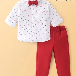 Babyoye Cotton Knit Full Sleeves Printed Shirt & Trouser Set with Bow - Red & White-picture-23